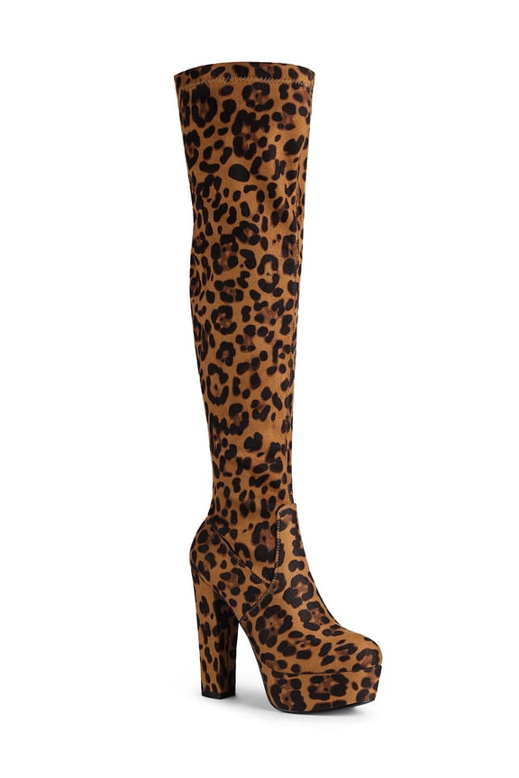 Women's Boot Platform Block Heel Over Knee Boots Leopard 9