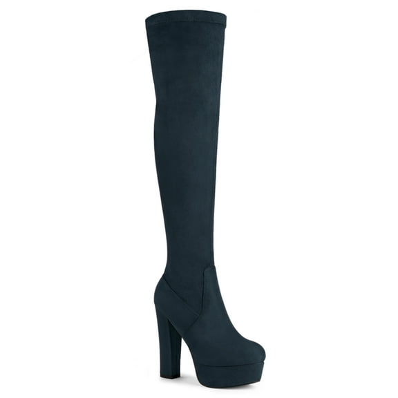 BLISSFUL STEP Women's Boot Platform Block Heel Over Knee Boots Navy Blue 10