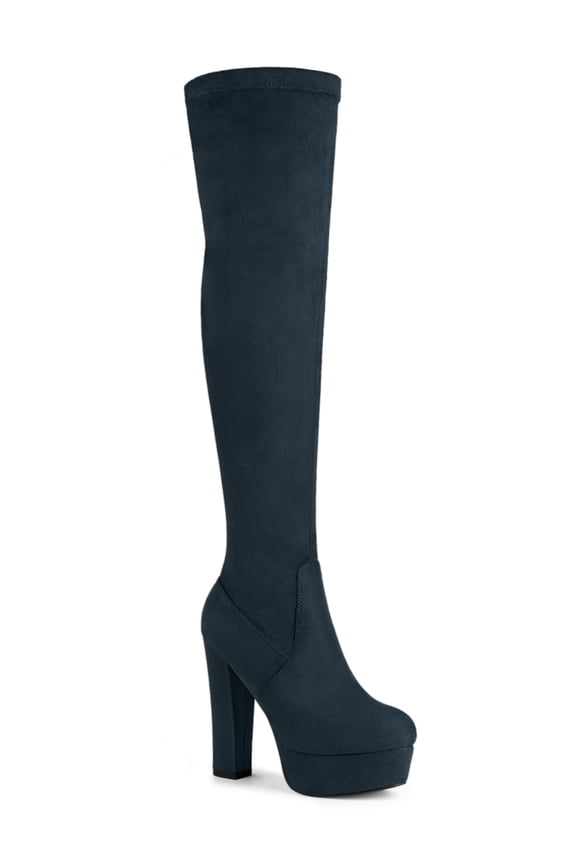 Women's Boot Platform Block Heel Over Knee Boots Navy Blue 7.5