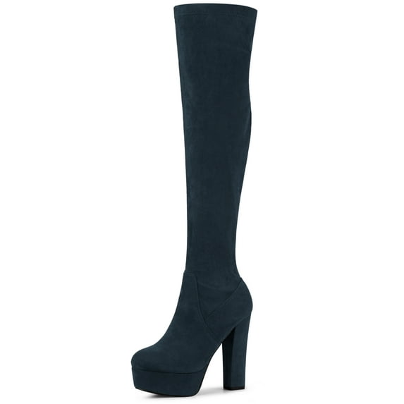BLISSFUL STEP Women's Boots Platform Block Heel Over the Knee Thigh High Boots Navy Blue 9