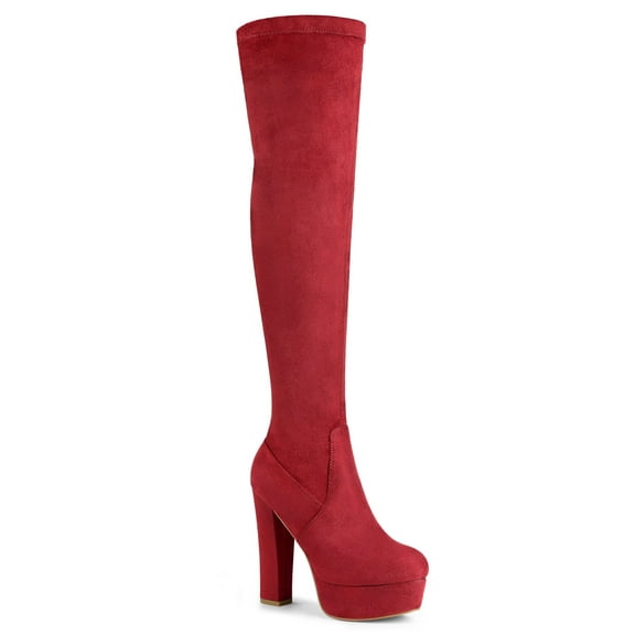 BLISSFUL STEP Women's Boot Platform Block Heel Over Knee Boots Red 6