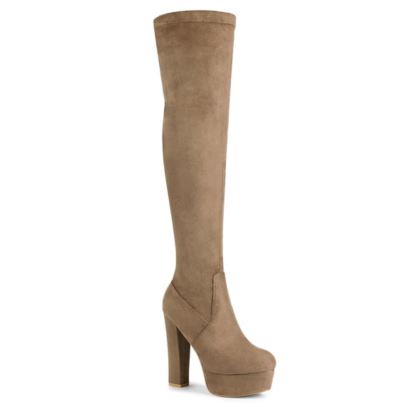 BLISSFUL STEP Women's Boot Platform Block Heel Over Knee Boots Taupe 7.5
