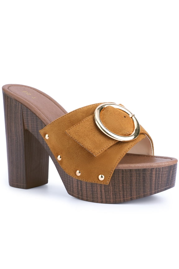 Women's Platform Block High Heels Buckle Slip on Sandals Brown (Size 8.5)