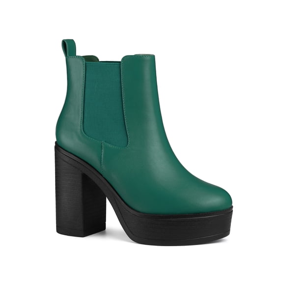 BLISSFUL STEP Women's Ankle Boots Faux Leather Chelsea Chunky Heel Platform Round Toe Combat Boots Green 8.5