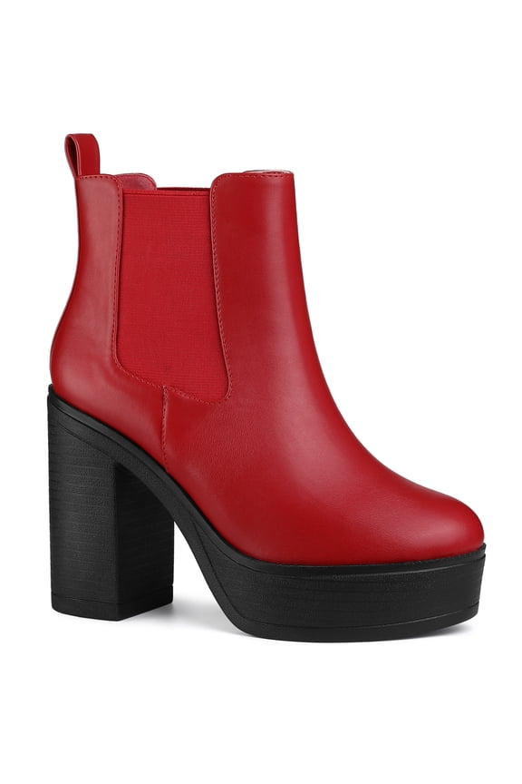 Women's Ankle Boots Faux Leather Chelsea Chunky Heel Platform Round Toe Combat Boots Red 10