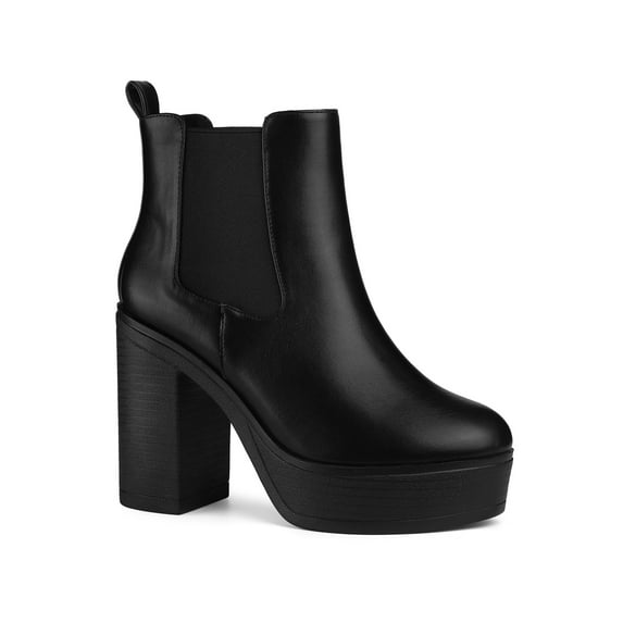 BLISSFUL STEP Women's Ankle Boots Faux Leather Chelsea Chunky Heel Platform Round Toe Combat Boots Black 9