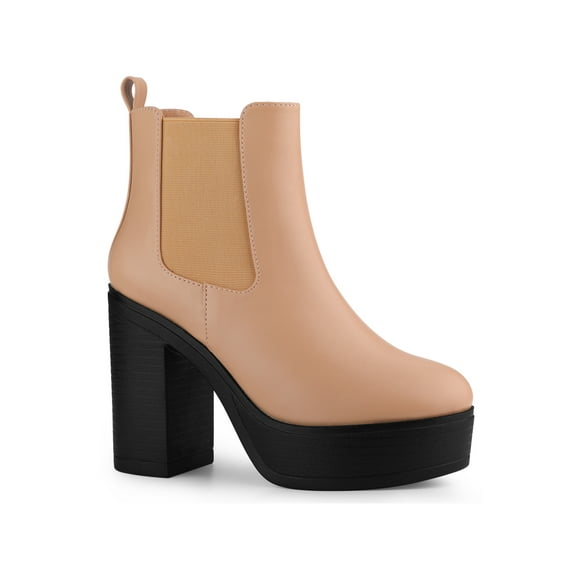 BLISSFUL STEP Women's Ankle Boots Faux Leather Chelsea Chunky Heel Platform Round Toe Combat Boots Nude 6