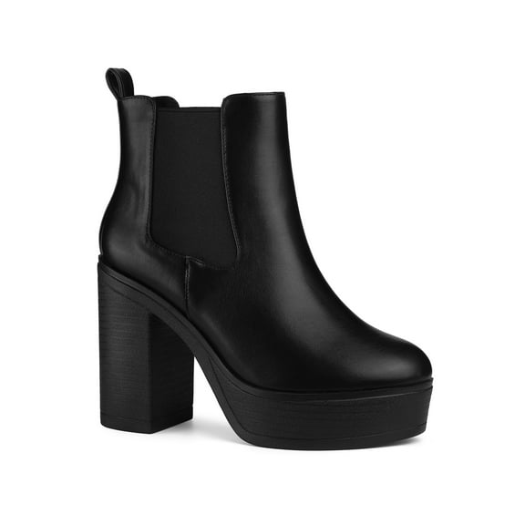 BLISSFUL STEP Women's Ankle Boots Faux Leather Chelsea Chunky Heel Platform Round Toe Combat Boots Black 6