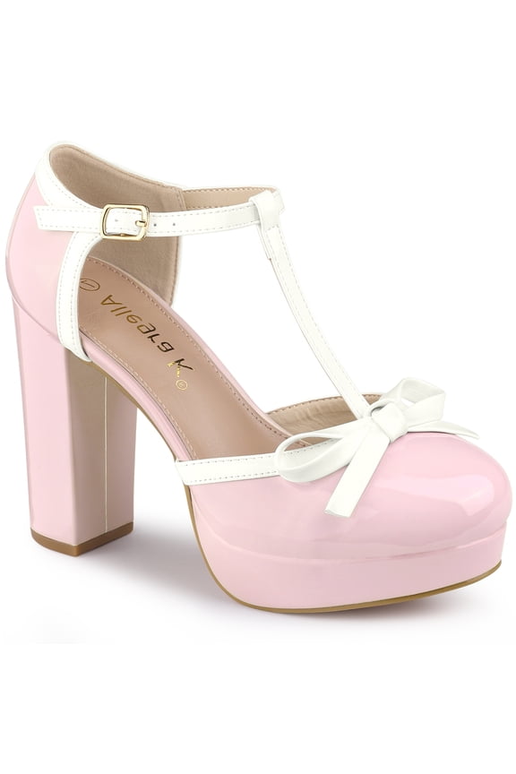 Valentine's Women's Platform T Strap Bow Vintage Block Heels Pumps Pink 11