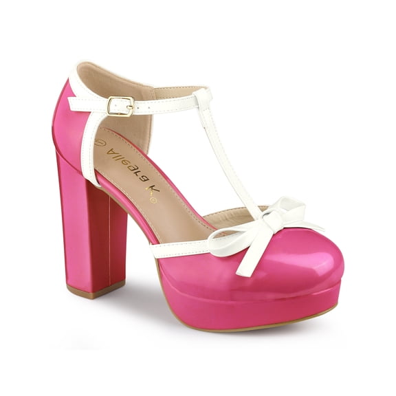 BLISSFUL STEP Valentine's Women's Platform T Strap Bow Vintage Block Heels Pumps Hot Pink 7