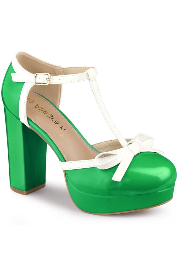 Valentine's Women's Platform T Strap Bow Vintage Block Heels Pumps Lime Green 6