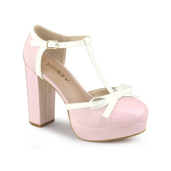 BLISSFUL STEP Women's ShoesT Strap Bow Vintage Block Heel Platform Heels Pink 7