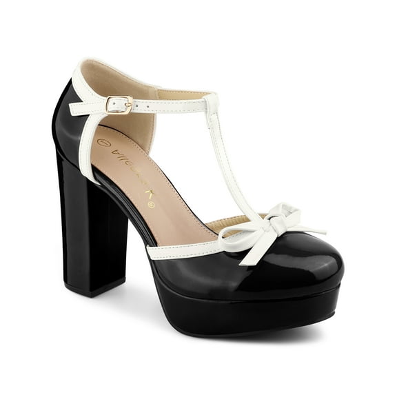 BLISSFUL STEP Valentine's Women's Platform T Strap Bow Vintage Block Heels Pumps Black 9