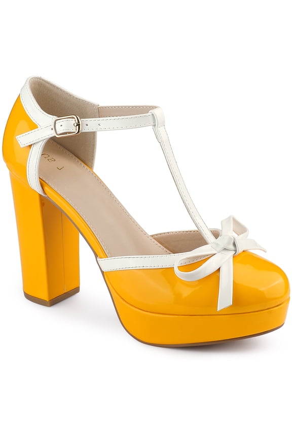 Valentine's Women's Platform T Strap Bow Vintage Block Heels Pumps Yellow 11