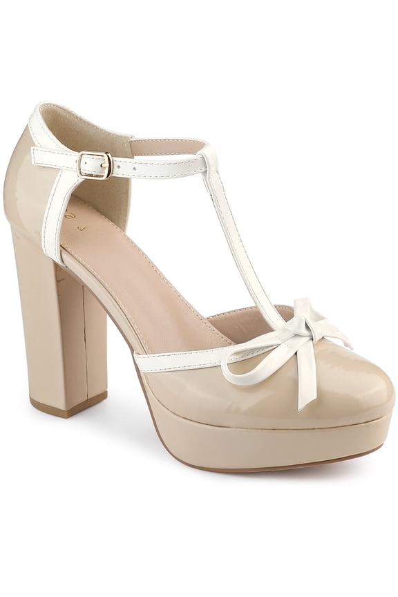 Women's Shoes T Strap Bow Vintage Block Heel Platform Heels Nude 8