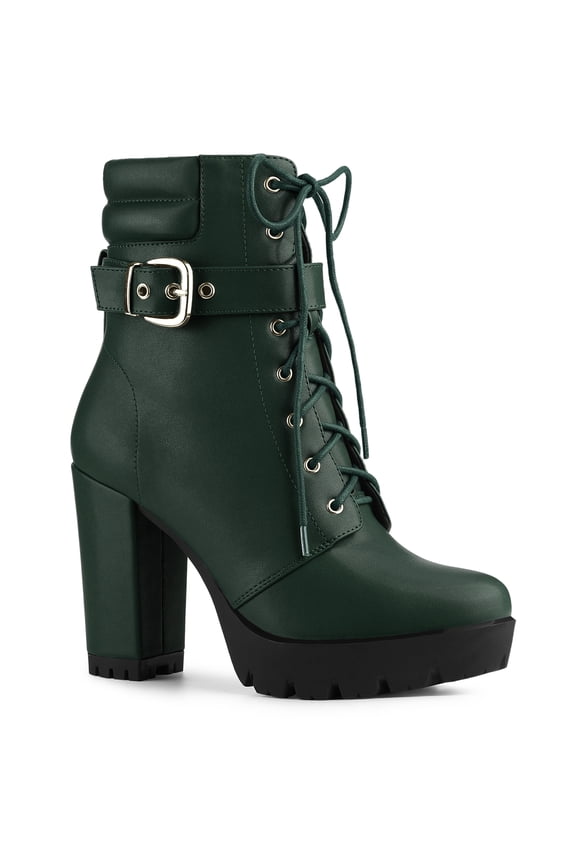 Women's Platform Buckle Lace Up Block Heel Ankle Boot