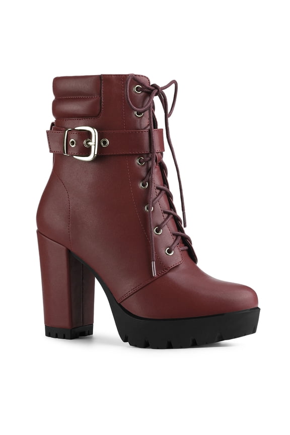 Women's Platform Buckle Lace Up Block Heel Ankle Boot