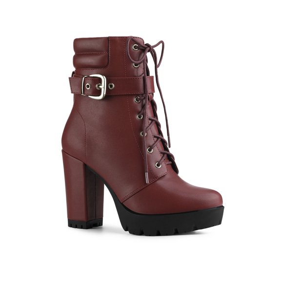 BLISSFUL STEP Women's Platform Buckle Lace Up Block Heel Ankle Boot