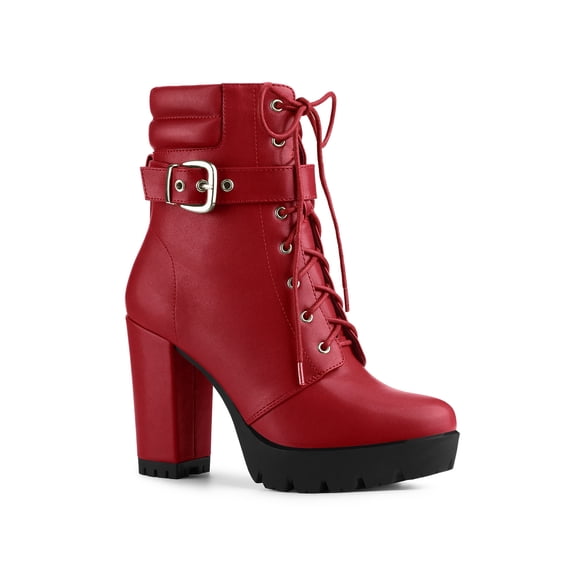 BLISSFUL STEP Women's Platform Buckle Lace Up Block Heel Ankle Boot