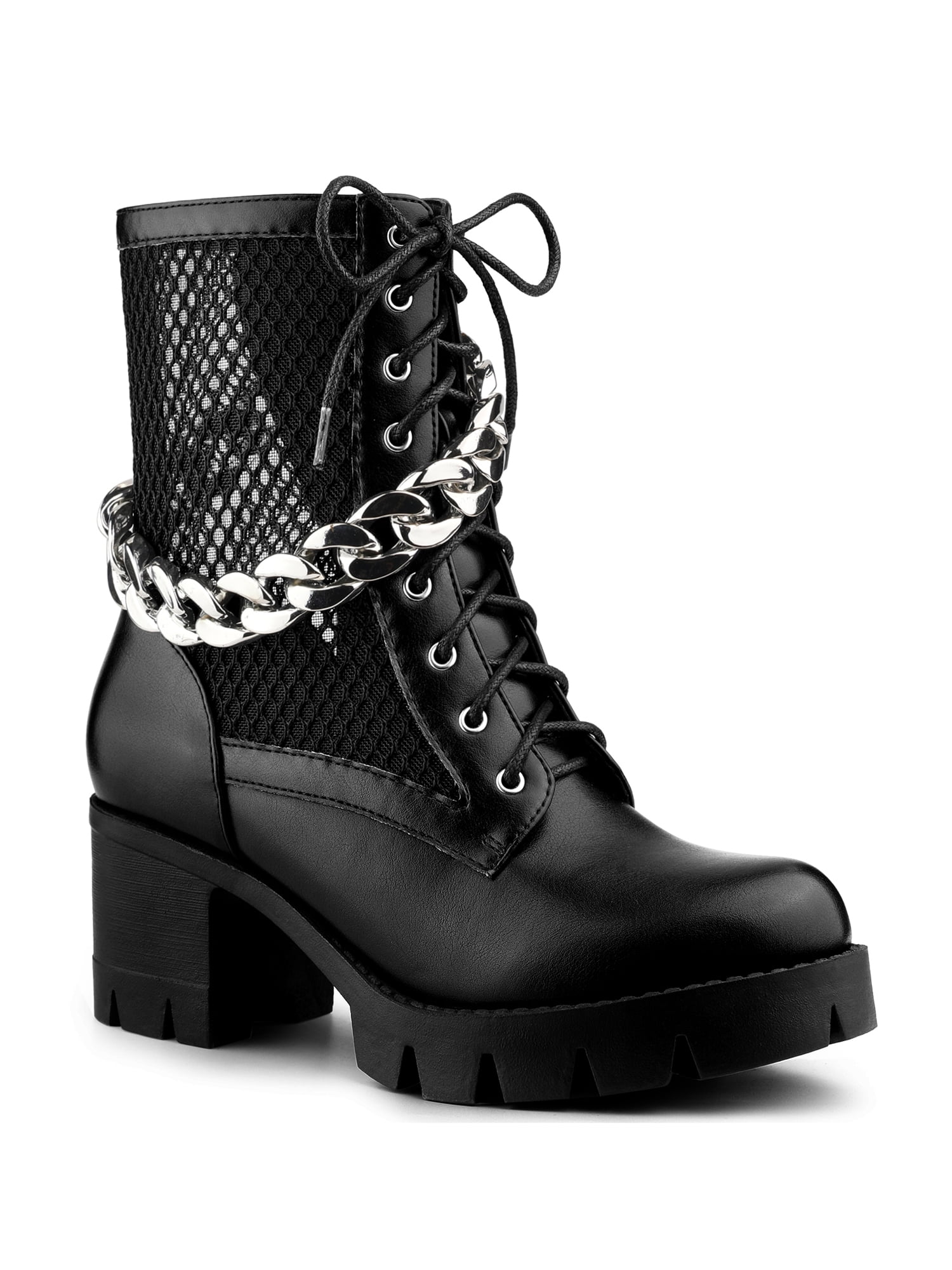 BLISSFUL STEP Women's Platform Chain Block Heel Combat Ankle Boots ...