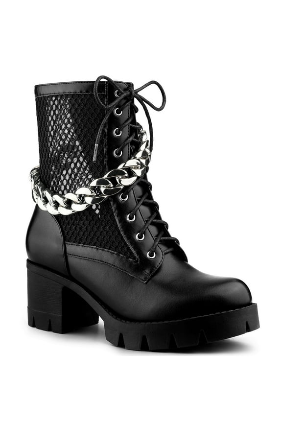 Women's Platform Chain Block Heel Combat Ankle Boots Black 8.5