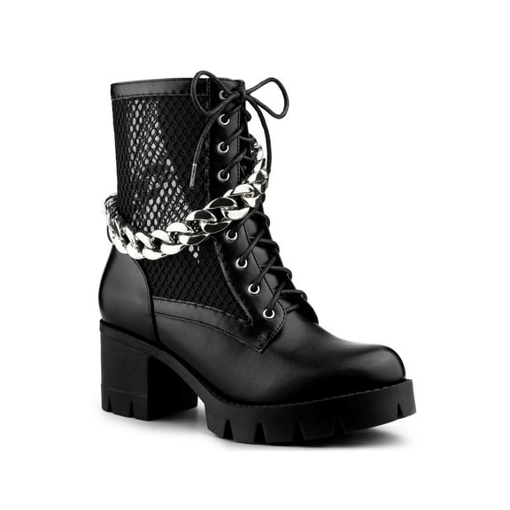 BLISSFUL STEP Women's Platform Chain Block Heel Combat Ankle Boots Black 7