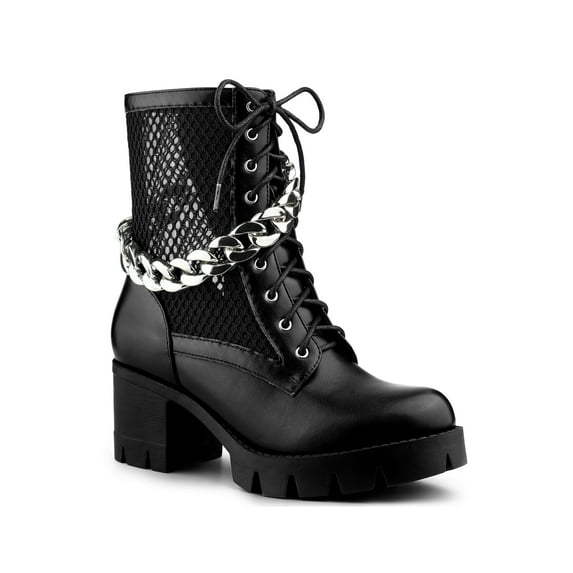 BLISSFUL STEP Women's Platform Chain Block Heel Combat Ankle Boots Black 7