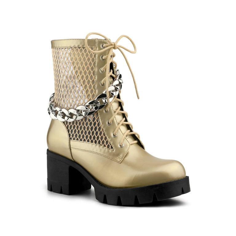 BLISSFUL STEP Women's Platform Chain Block Heel Combat Boots Gold