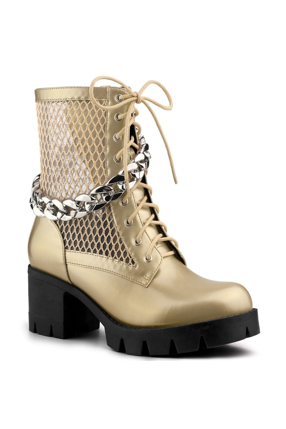 Women's Platform Chain Block Heel Combat Ankle Boots Gold 10