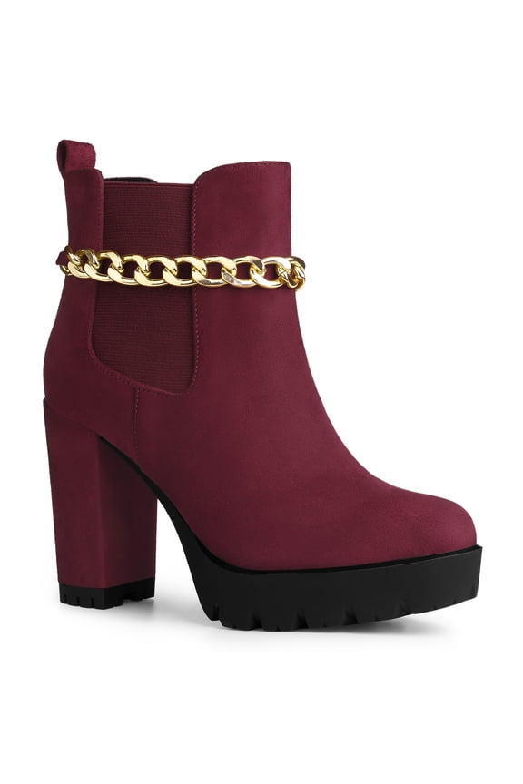 Women's Platform Chain Block High Heel Ankle Boots Burgundy 7