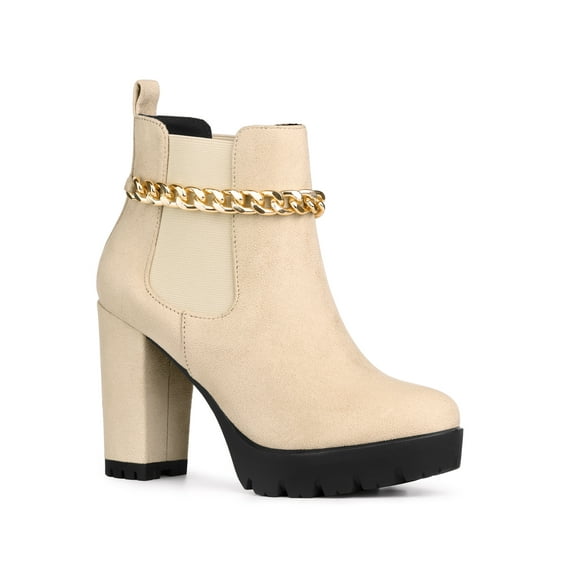 BLISSFUL STEP Women's Platform Chain Block High Heel Ankle Boots Nude 9