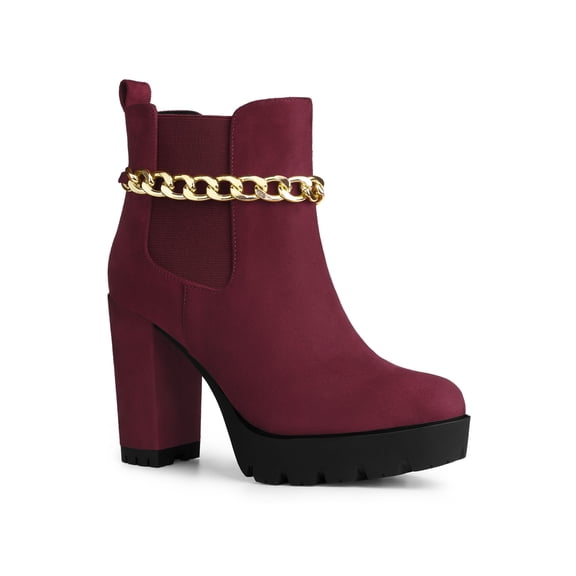 BLISSFUL STEP Women's Platform Chain Block High Heel Ankle Boots Burgundy 9