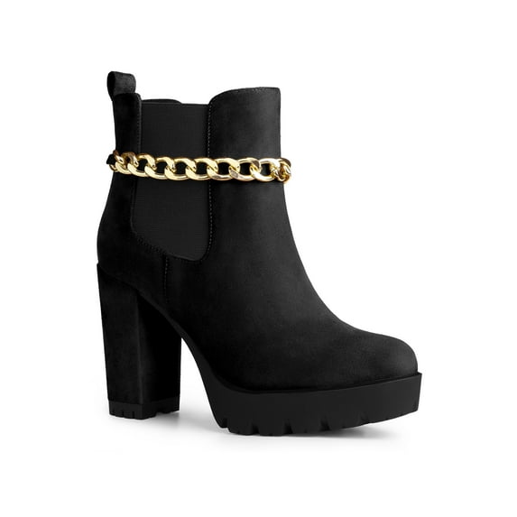 BLISSFUL STEP Women's Platform Chain Block High Heel Ankle Boots Black 7