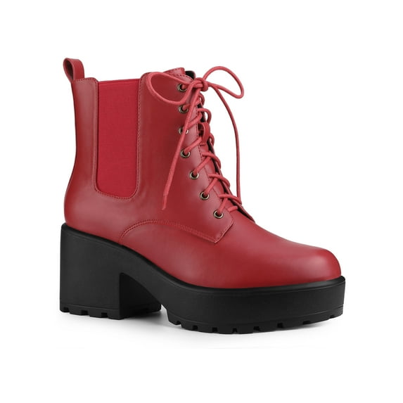 BLISSFUL STEP Women's Platform Chunky Heels Chelsea Combat Boots Red 7