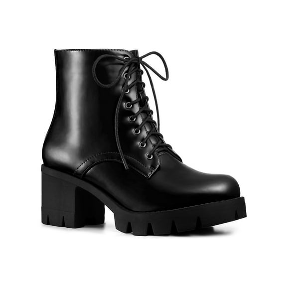 BLISSFUL STEP Women's Platform Chunky Heels Combat Boots Black 8.5