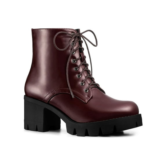 BLISSFUL STEP Women's Platform Chunky Heels Combat Boots Burgundy 10