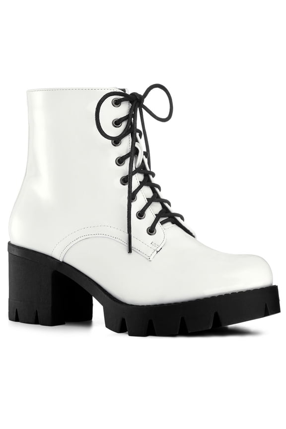 Women's Platform Chunky Heels Combat Boots White 7
