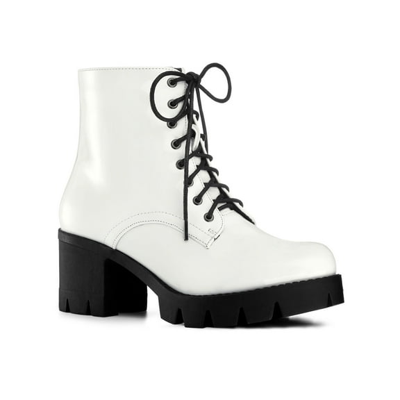 BLISSFUL STEP Women's Platform Chunky Heels Combat Boots White 8