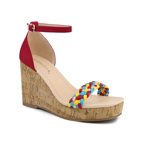 BLISSFUL STEP Women's Platform Multicolor Braided Heel Wood Wedge Sandals Red (Size 7)