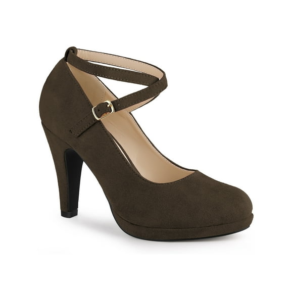 BLISSFUL STEP Women's Shoes Platform Round Toe Cross Strap Buckle Closure Stiletto Heel  Mary Jane Pumps Dark Brown 8.5