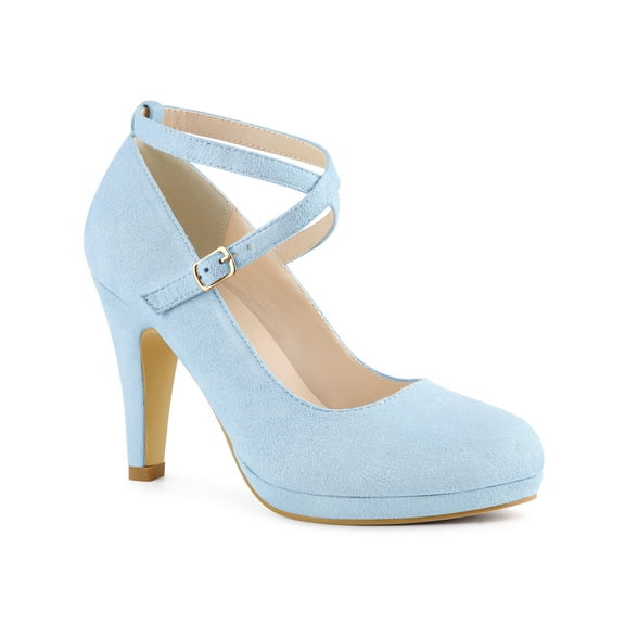 BLISSFUL STEP Women's Shoes Platform Round Toe Cross Strap Buckle Closure Stiletto Heel  Mary Jane Pumps Light Blue 8.5