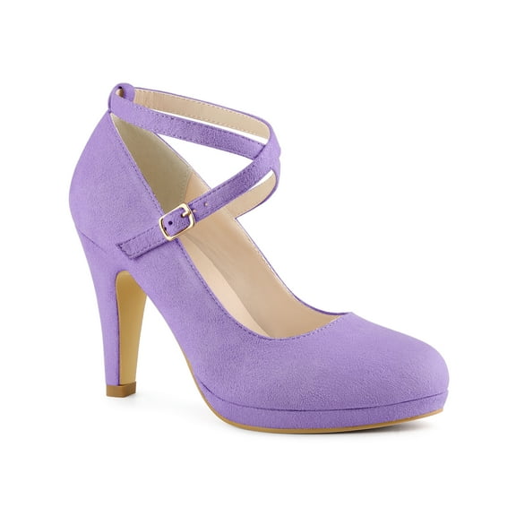 BLISSFUL STEP Women's Shoes Platform Round Toe Cross Strap Buckle Closure Stiletto Heel  Mary Jane Pumps Purple 8.5