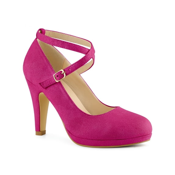 BLISSFUL STEP Women's Shoes Platform Round Toe Cross Strap Buckle Closure Stiletto Heel Mary Jane Pumps Hot Pink 7