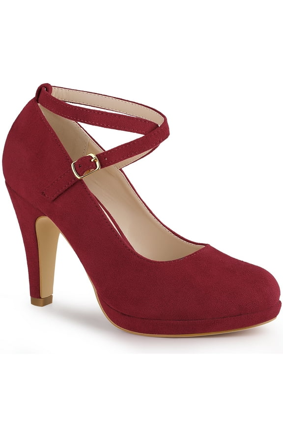 Women's Shoes Platform Round Toe Cross Strap Buckle Closure Stiletto Heel  Mary Jane Pumps Burgundy 7