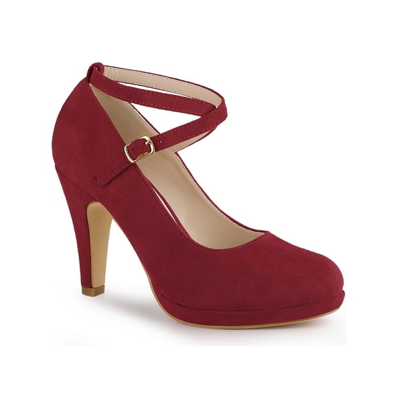 BLISSFUL STEP Women's Shoes Platform Round Toe Cross Strap Buckle Closure Stiletto Heel  Mary Jane Pumps Burgundy 8.5