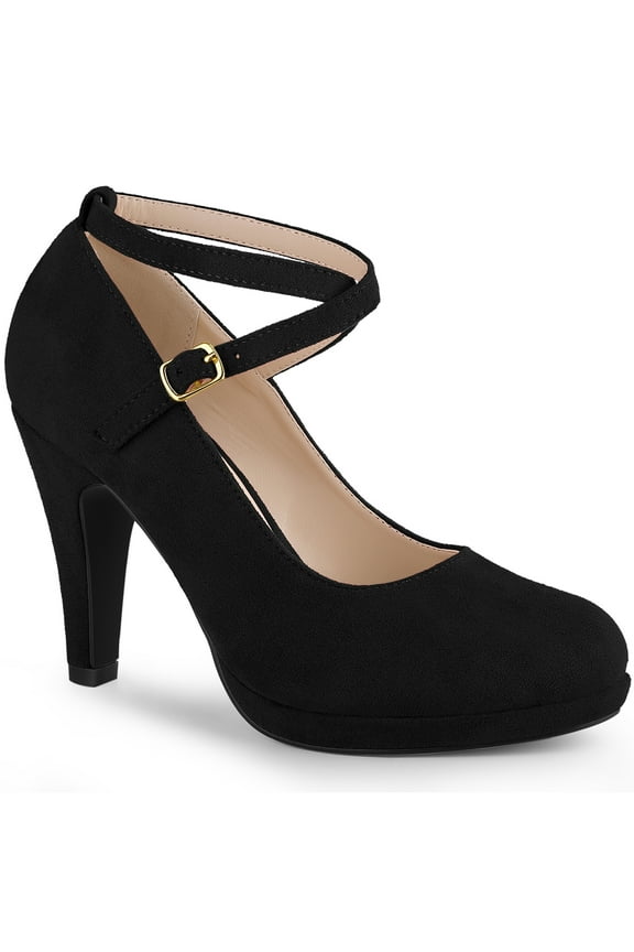 Women's Shoes Platform Round Toe Cross Strap Buckle Closure Stiletto Heel Mary Jane Pumps Black 7