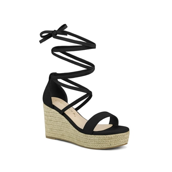 BLISSFUL STEP Women's Platform Espadrille Lace Up Wedge Heels Sandals Black (Size 7)