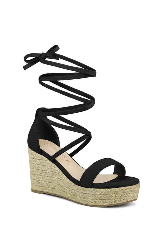 Women's Platform Espadrille Lace Up Wedge Heels Sandals Black (Size 7)