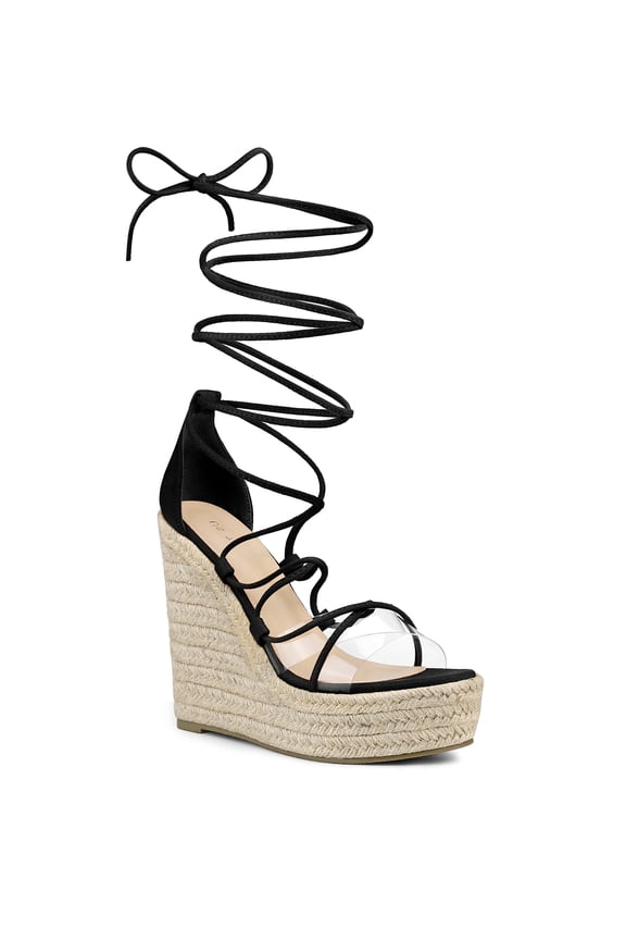 Women's Platform Espadrilles Wedge Heel Transparent Straps Sandals Black 6