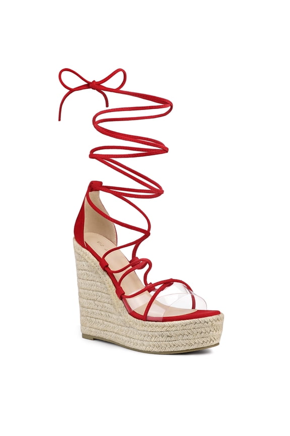 Women's Platform Espadrilles Wedge Heel Transparent Straps Sandals Red 9